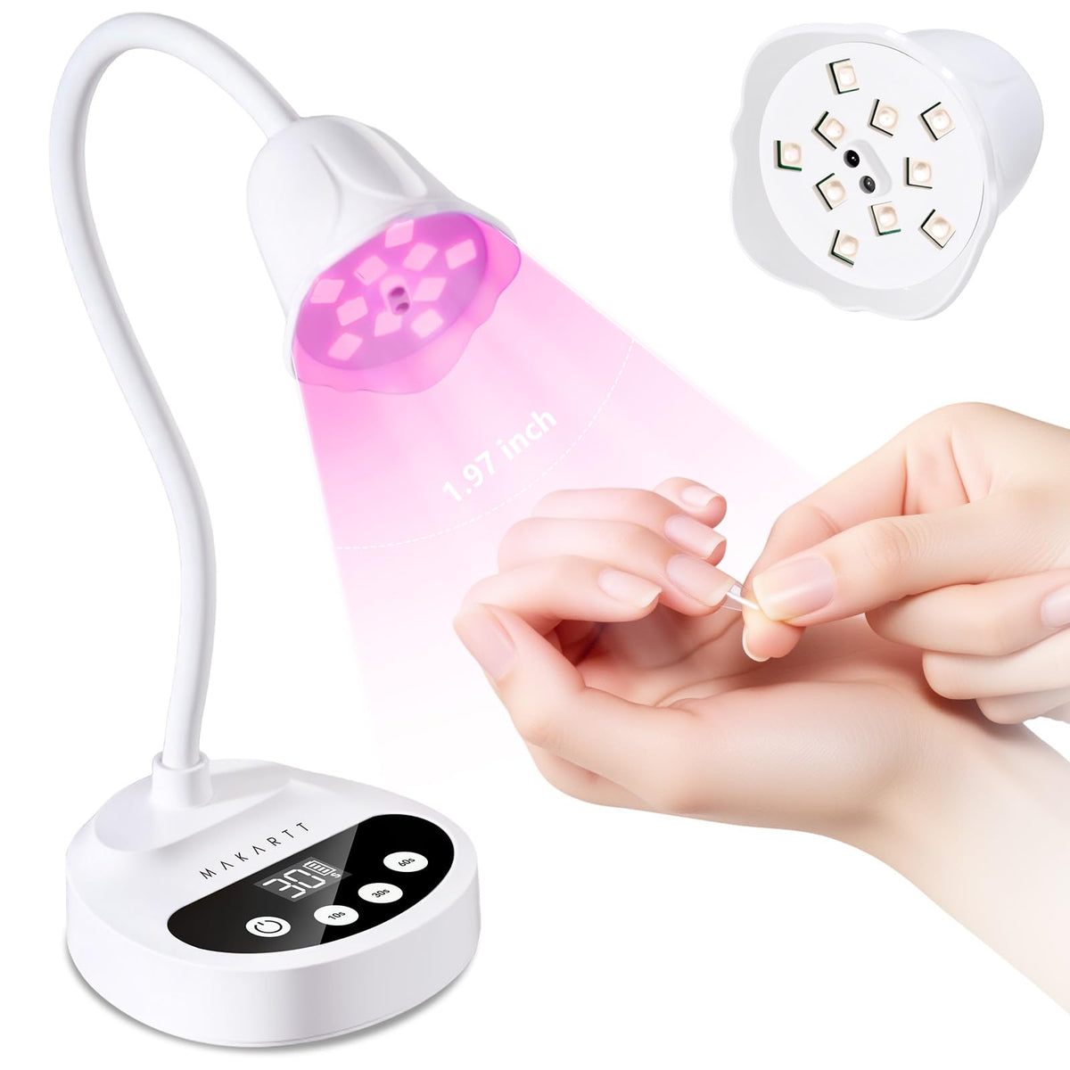 Makartt front view of cordless nail lamp showing compact design and quick curing