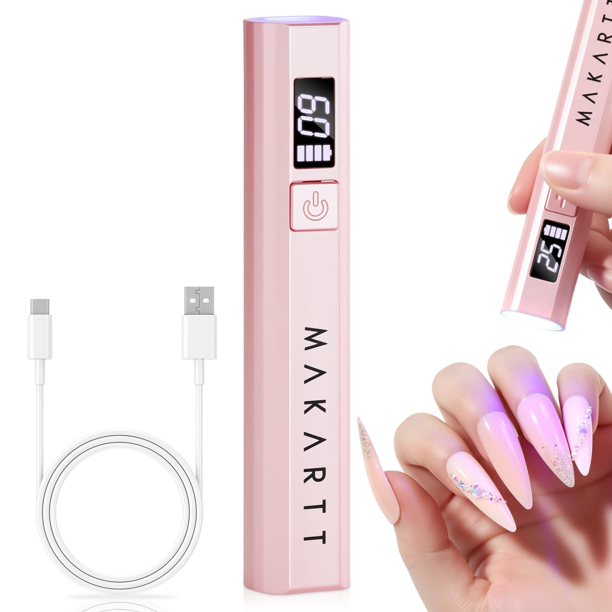 Makartt front view of pink handheld UV lamp showing compact shape and convenience