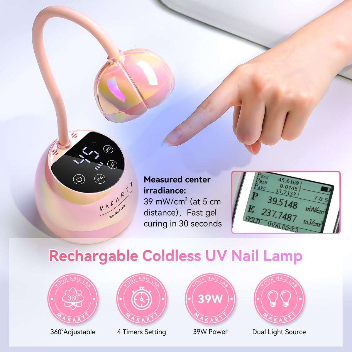 Makartt gooseneck angled to target thumb and pinky nails, flexible positioning for precision