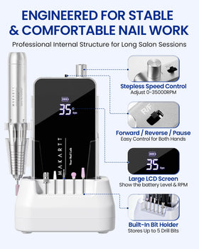 Makartt handpiece in use removing acrylic demonstrating efficient reduction and professional results