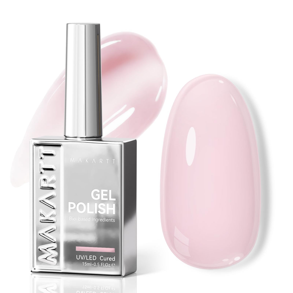 Makartt milky pink front bottle showing sleek silver cap and 15ml size benefit easy storage