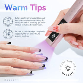 Makartt finished nail art with chrome and rhinestones protected by glossy no‑wipe top coat