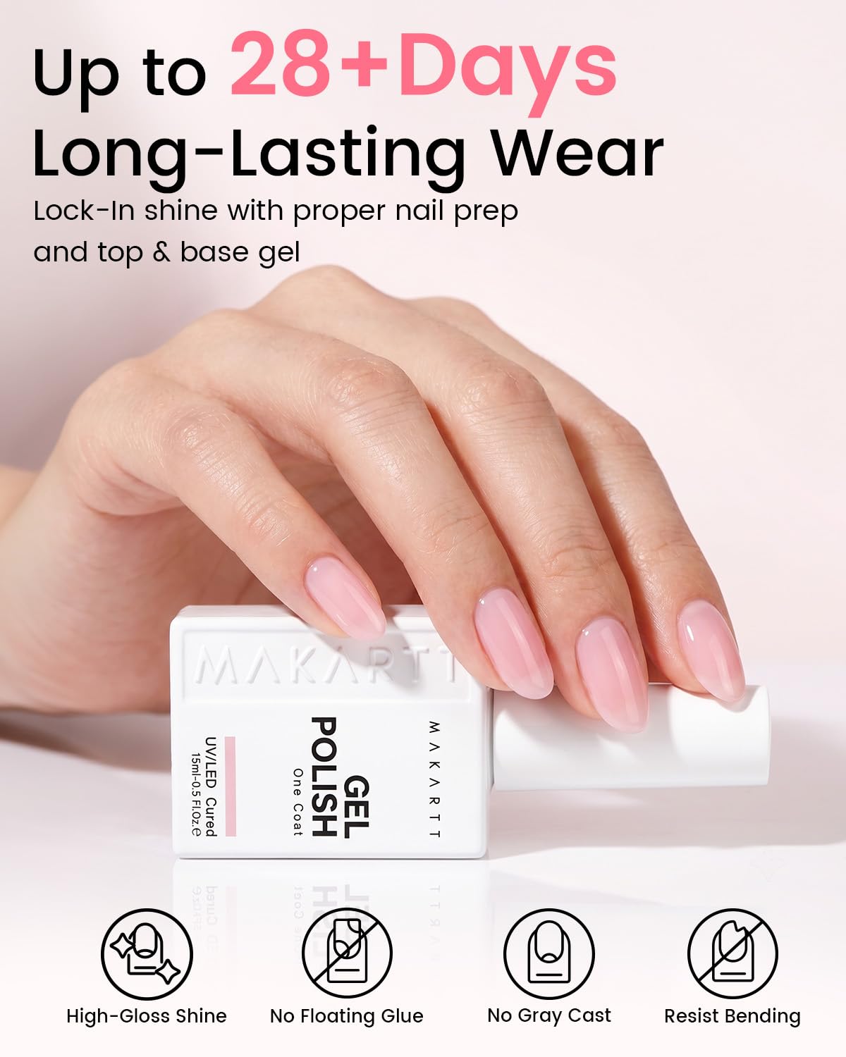 Makartt nail swatch on hand model illustrating sheer pink natural look