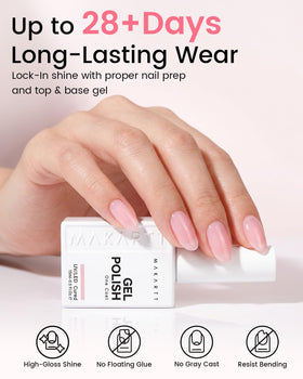 Makartt nail swatch on hand model illustrating sheer pink natural look