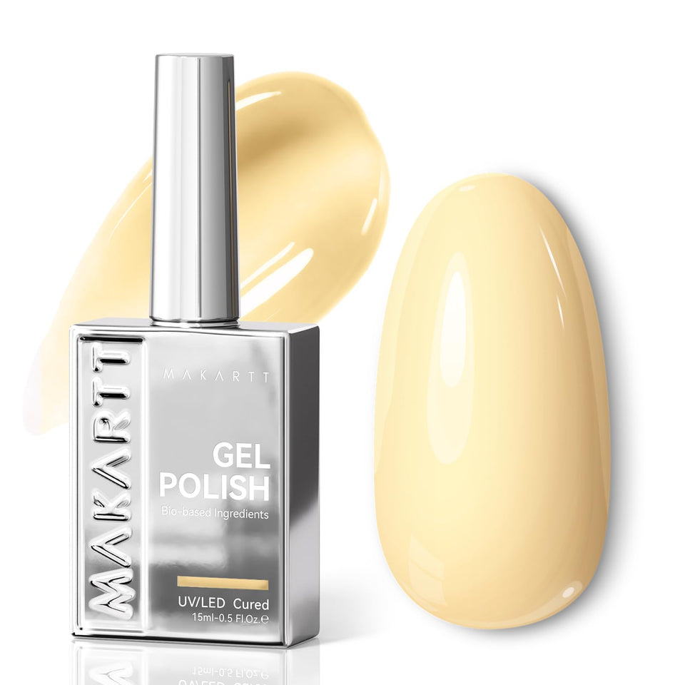 Makartt front bottle shot showing sleek silver bottle and pastel yellow polish
