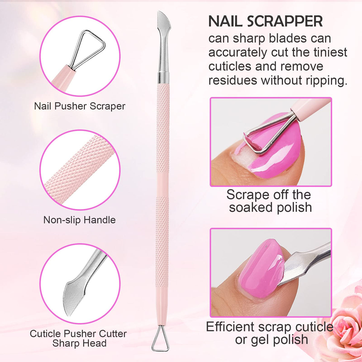 Makartt spoon‑shaped pusher under nail demonstrating safe cuticle pushing benefit