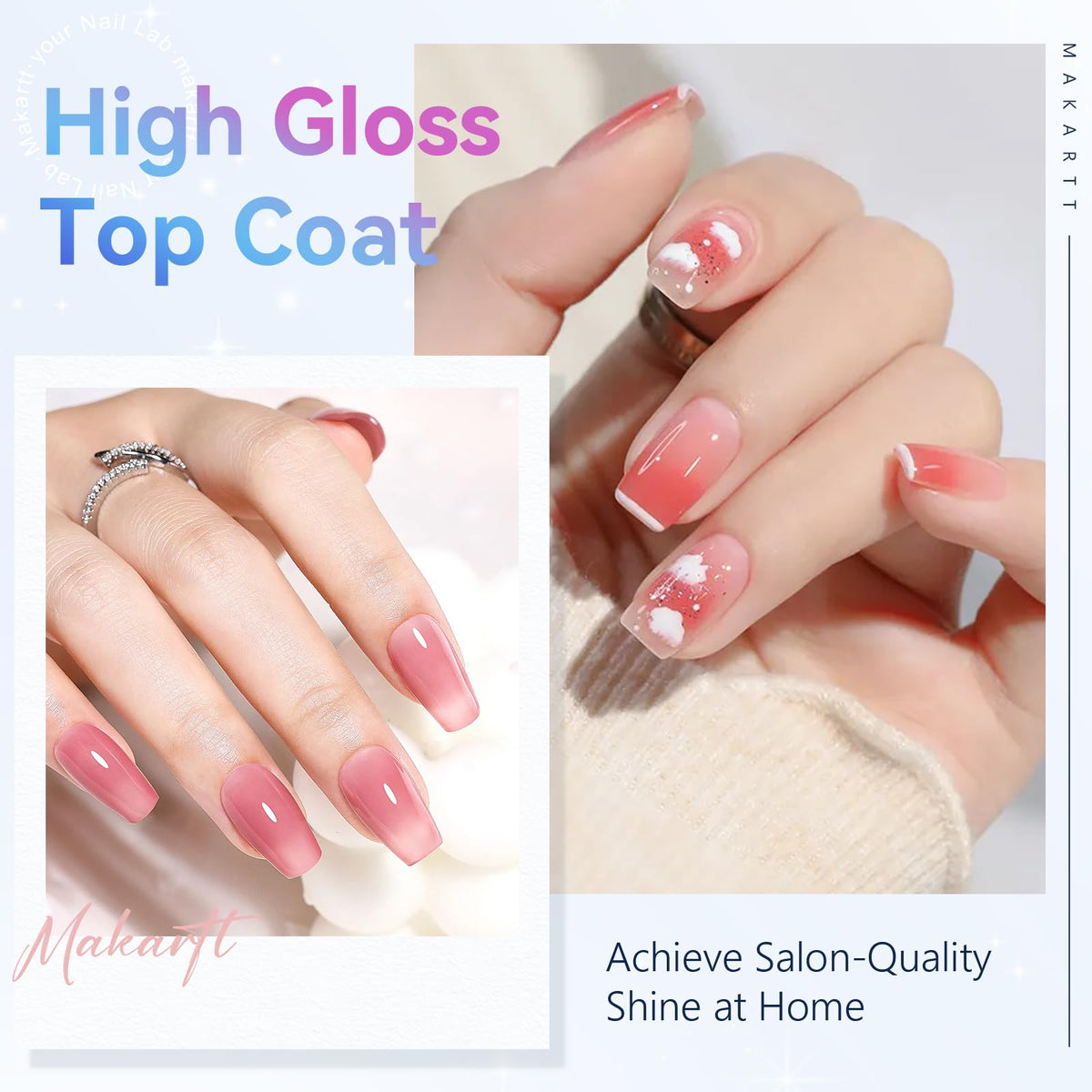 Makartt top coat applied to a nail tip demonstrating high-gloss, chip-resistant finish