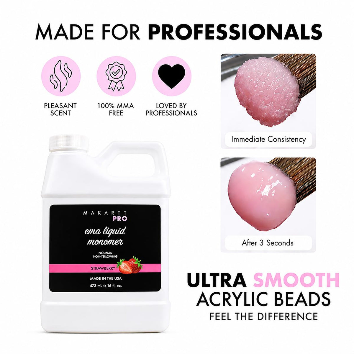 MakarttPro close-up label showing strawberry scent and MMA-free callout, safety benefit