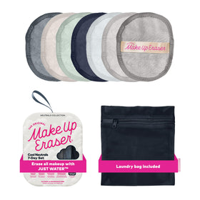 MakeUp Eraser front packaging showing cool gal neutrals and seven cloths benefit: clear kit view