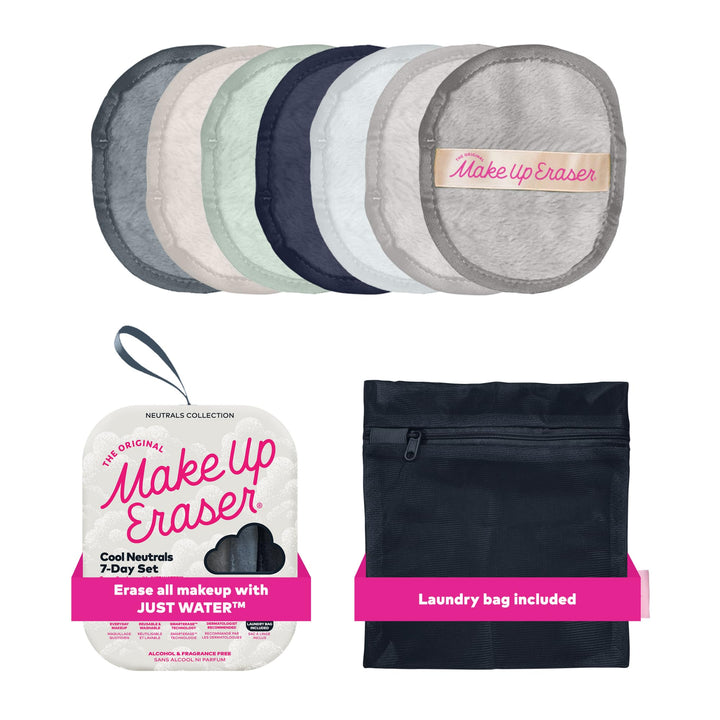 MakeUp Eraser front packaging showing cool gal neutrals and seven cloths benefit: clear kit view