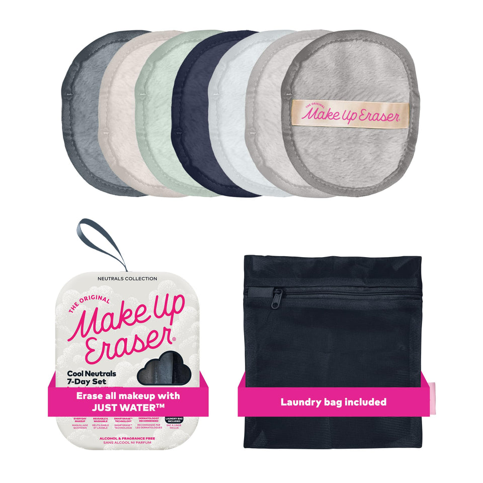MakeUp Eraser front packaging showing cool gal neutrals and seven cloths benefit: clear kit view