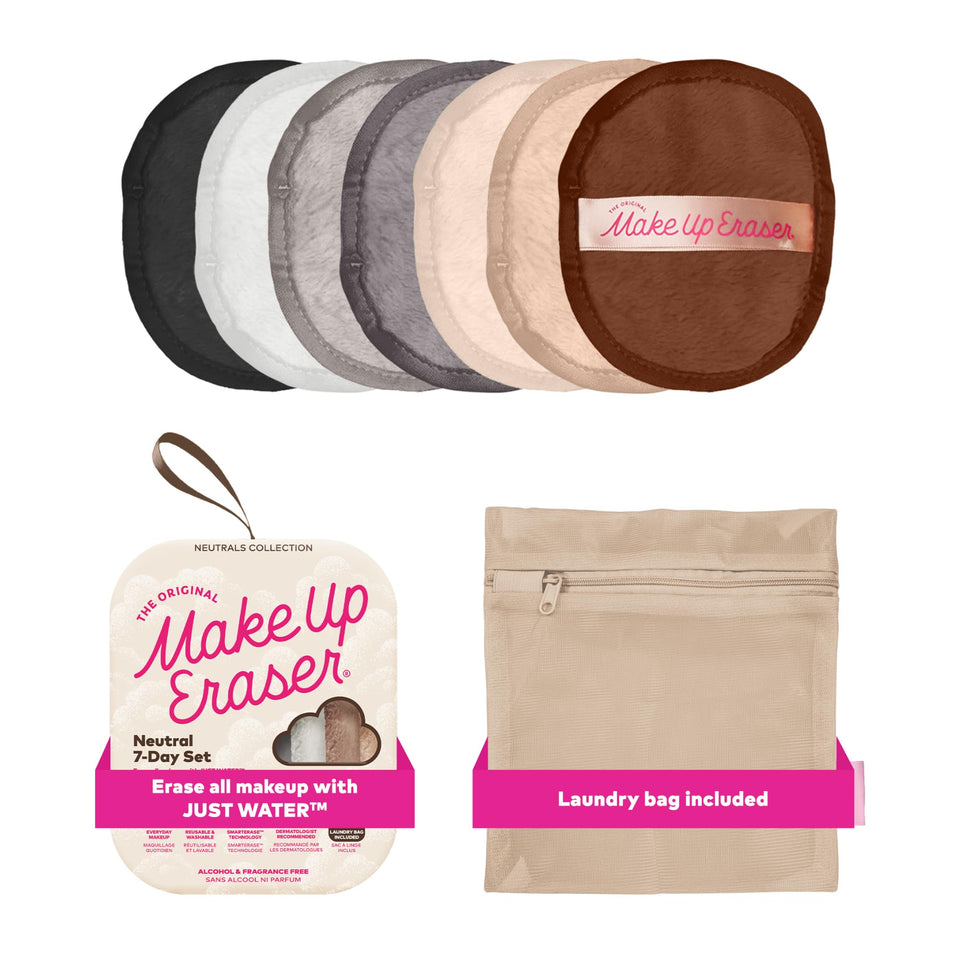 MakeUp Eraser front packaging showing seven neutral cloths and benefits