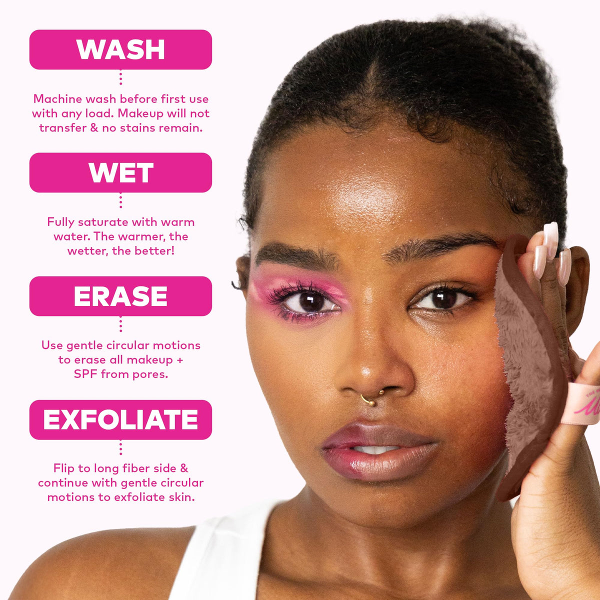 MakeUp Eraser on bathroom vanity promoting eco-friendly routine