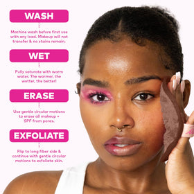 MakeUp Eraser on bathroom vanity promoting eco-friendly routine