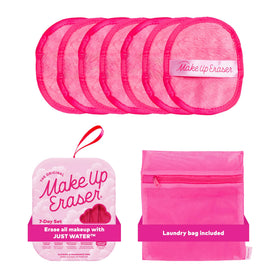 MakeUp Eraser front packaging showing 7-day pink set, convenient refill benefit