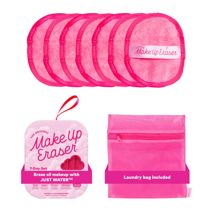 MakeUp Eraser front packaging showing 7-day pink set, convenient refill benefit
