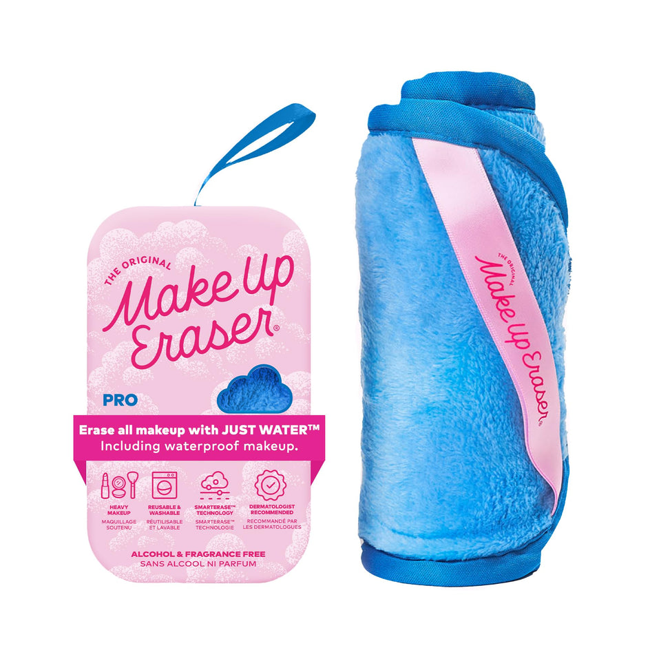 MakeUp Eraser PRO berry blue front packaging showing compact reusable cloth benefit
