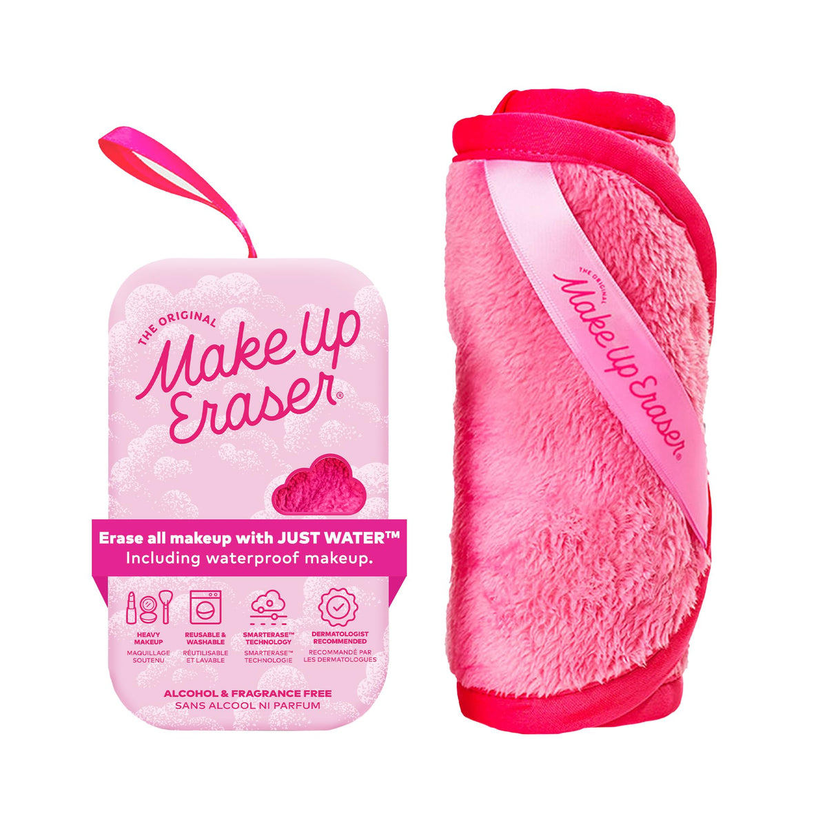 MakeUp Eraser front packaging in pink showing size and branding for easy identification