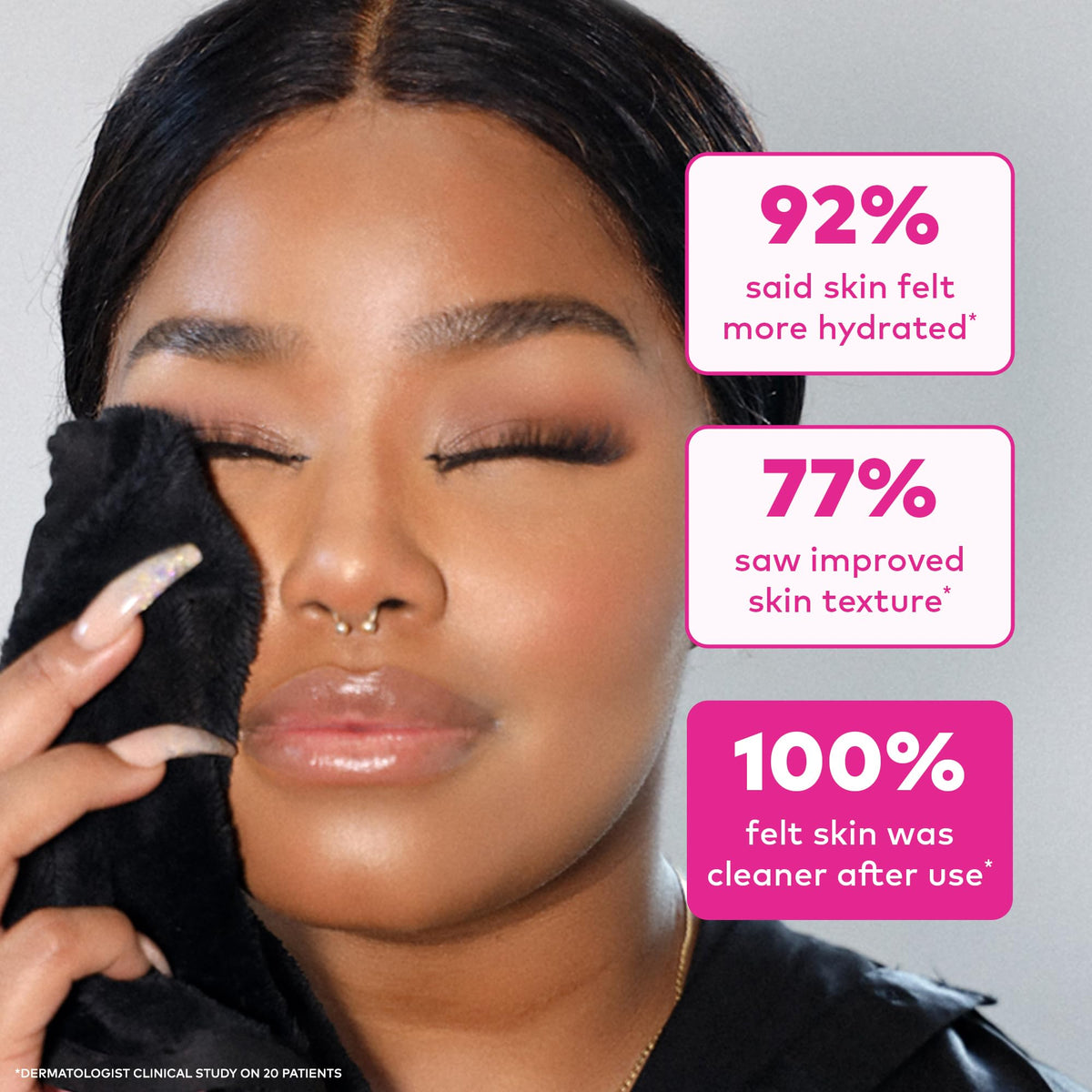 MakeUp Eraser in use removing waterproof mascara for quick, chemical-free cleansing