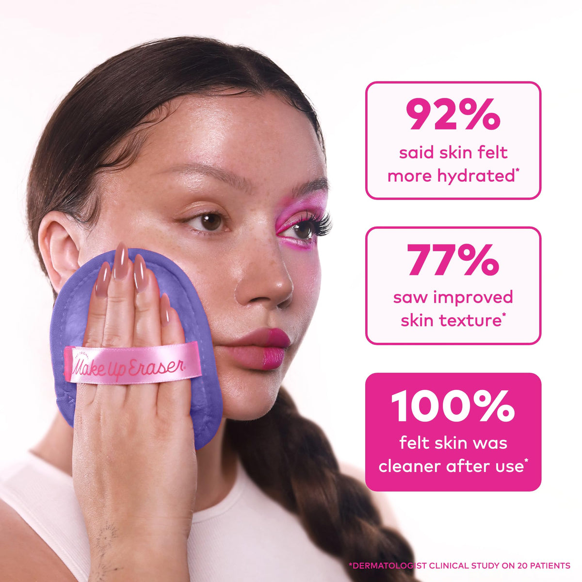 MakeUp Eraser held in hand to show compact size and convenient portability