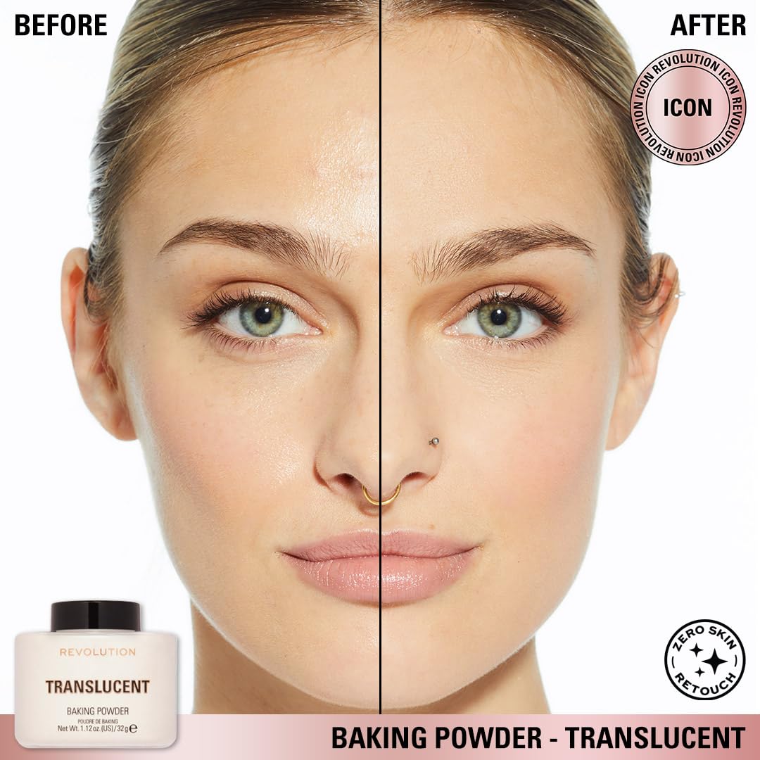 Makeup Revolution applied with fluffy brush to set makeup for long-lasting mattifying effect