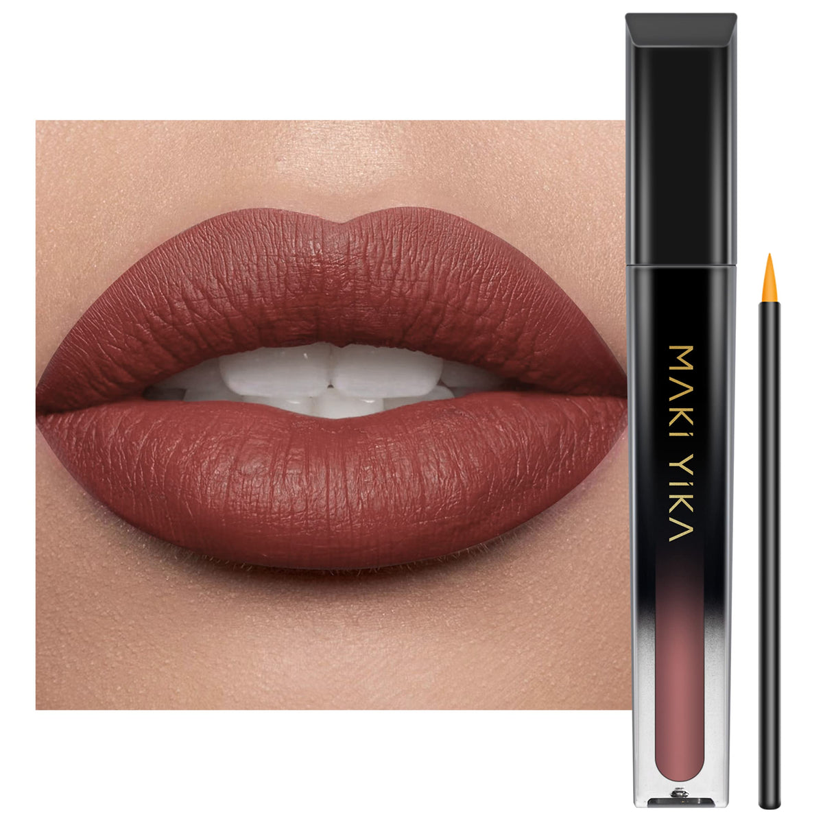 MAKI YIKA front packaging showing sleek tube and brown nude shade benefit long-wear