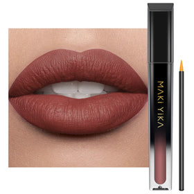 MAKI YIKA front packaging showing sleek tube and brown nude shade benefit long-wear