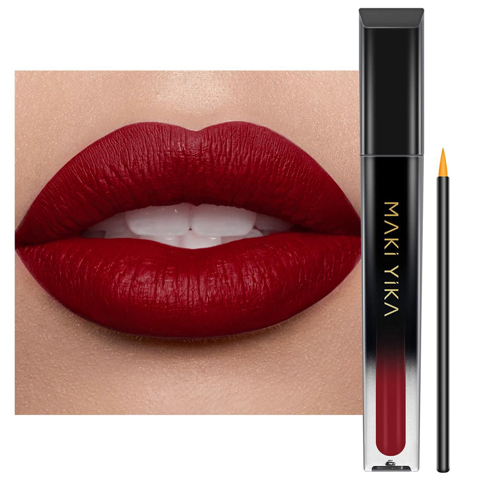 MAKI YIKA front packaging showing dark red matte tube and bold color benefit