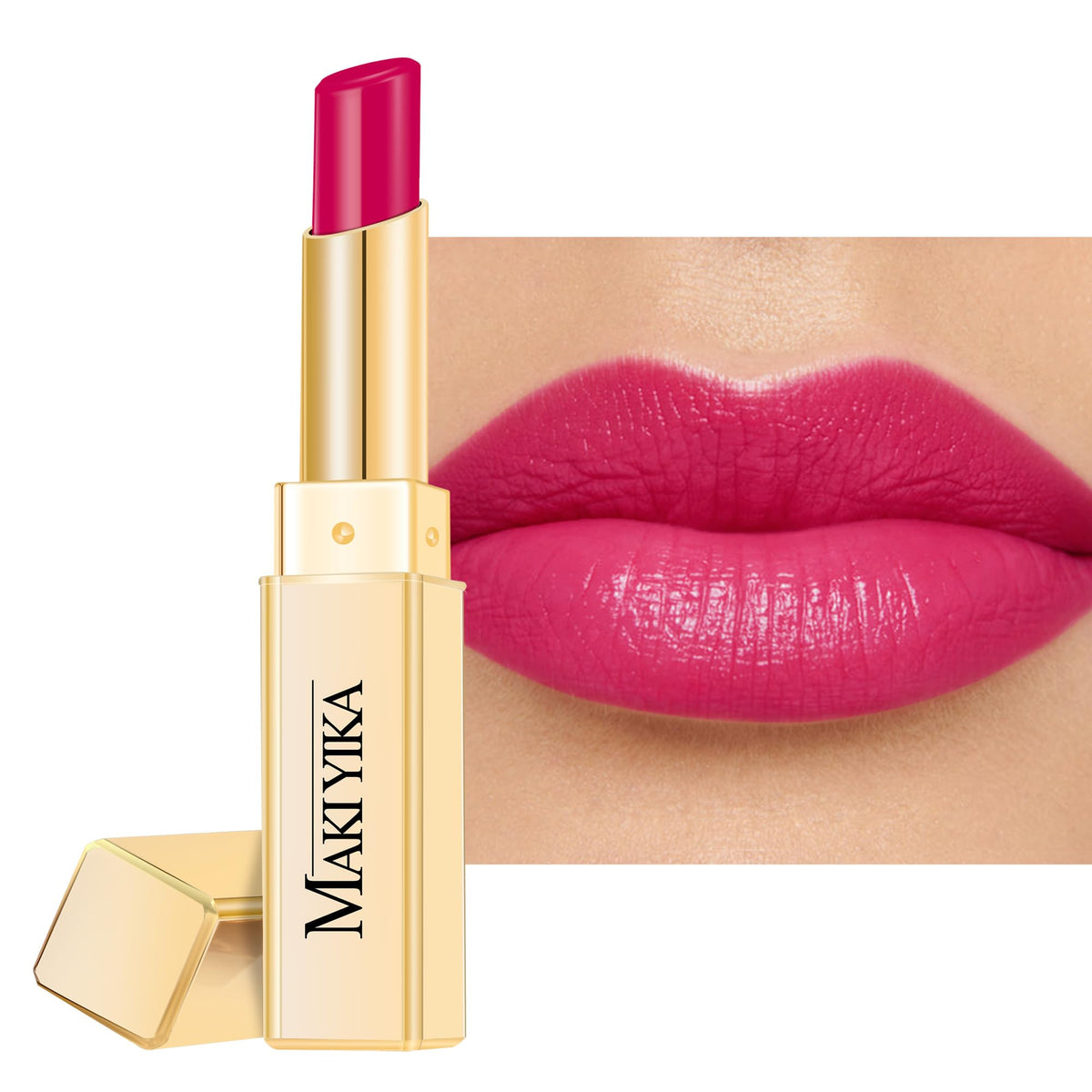 MAKI YIKA front packaging showing hot pink glossy lipstick and benefit of hydrated shine