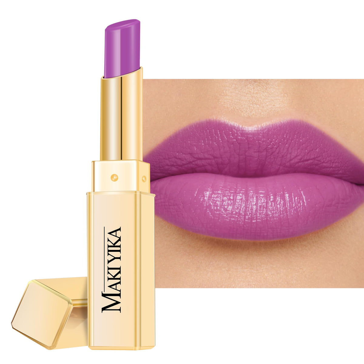 MAKI YIKA front packaging showing lavender hydrating lipstick and glossy finish