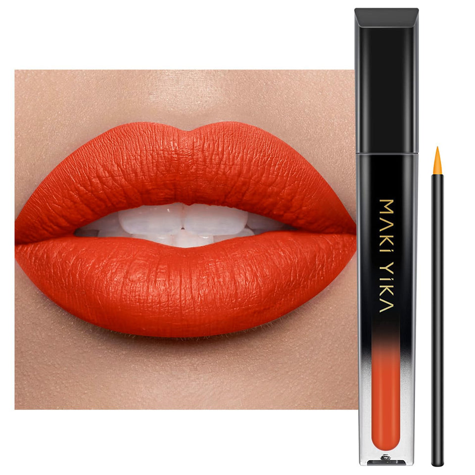 MAKI YIKA front packaging showing bold orange matte shade and compact tube benefit lasting color