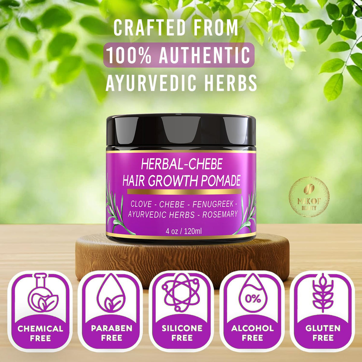 MAKOF BEAUTY arranged botanicals like moringa and cloves highlighting natural ingredients