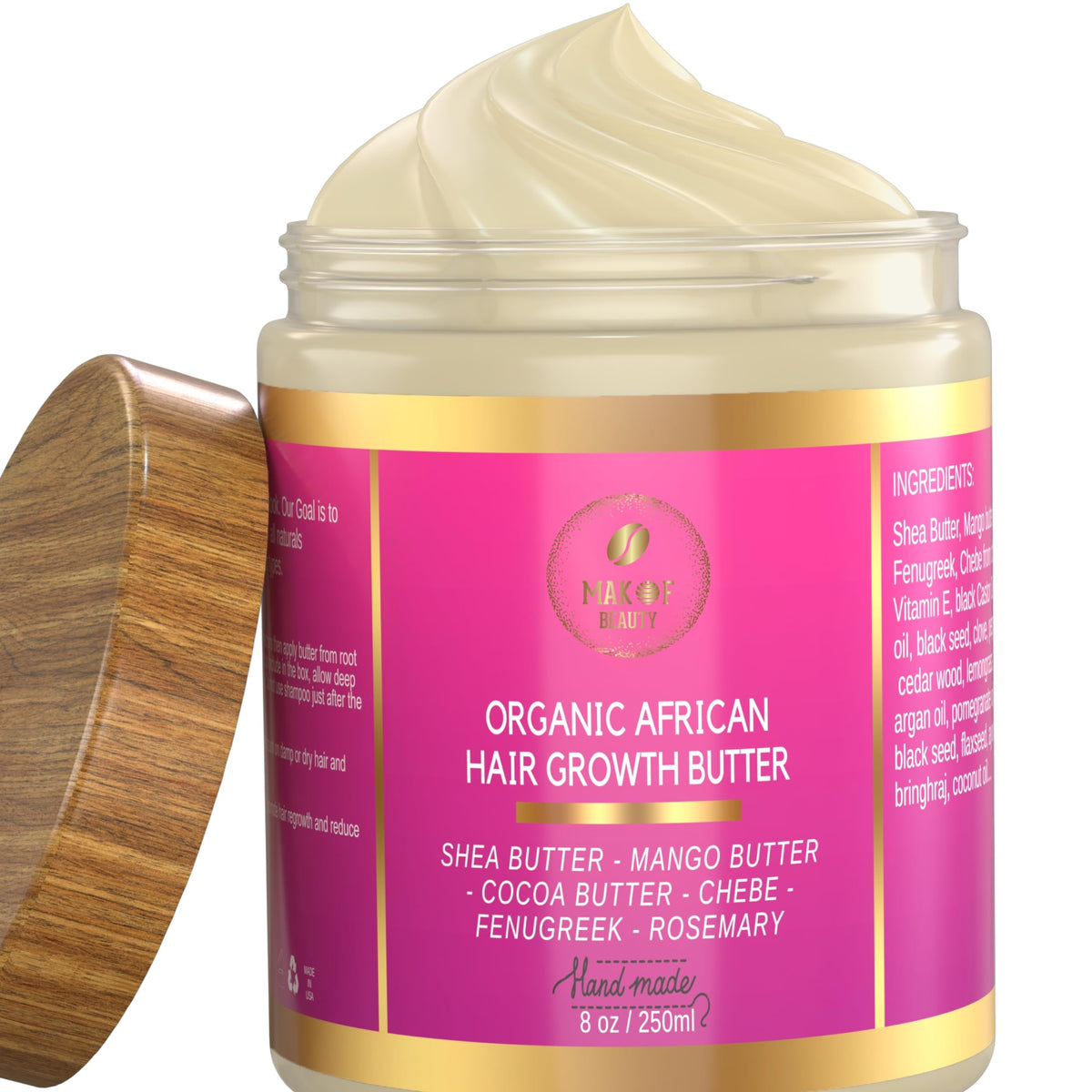 MAKOF BEAUTY open jar and label visible to confirm clean ingredients