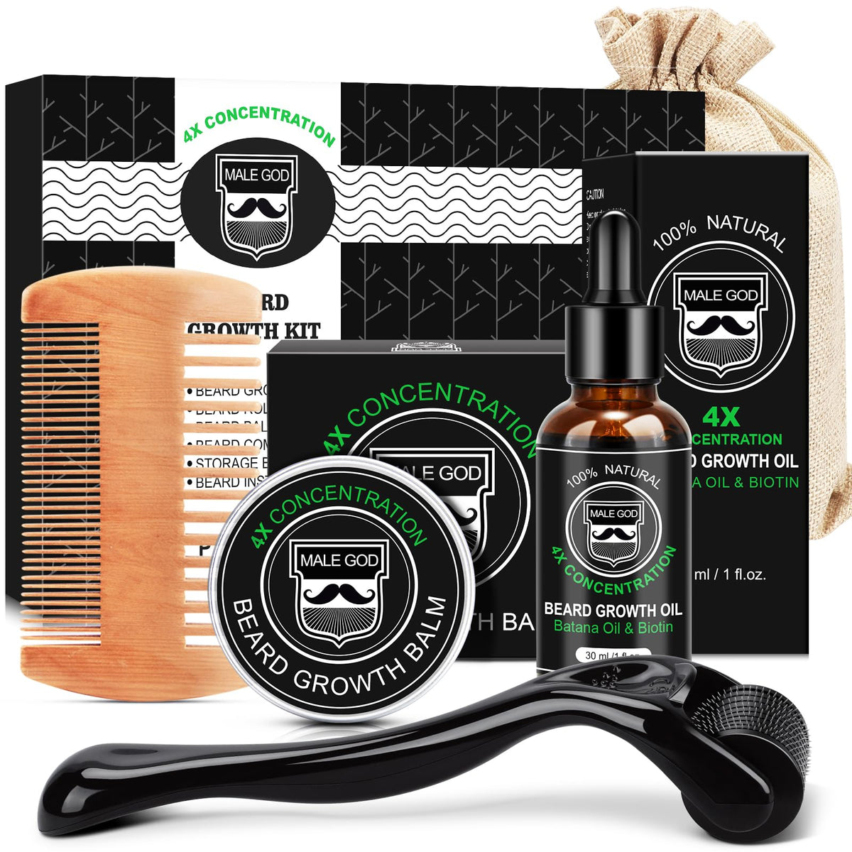 MALE GOD front packaging showing complete beard kit benefits
