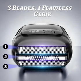 MALEGEBAZ shaver held in hand to show compact size and portability for travel convenience