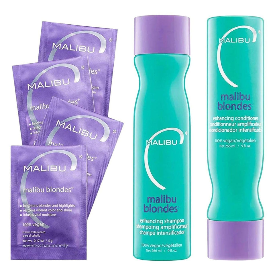 Malibu C front packaging showing the full blonde care set and benefits