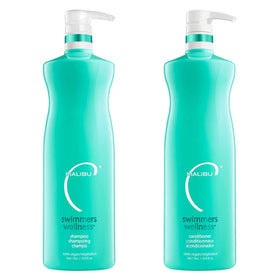 Malibu C front packaging showing the swimmers shampoo and conditioner set benefits