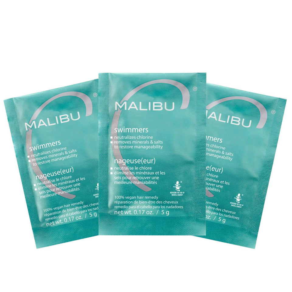 Malibu C front packet showing brand and single-use swim remedy benefit