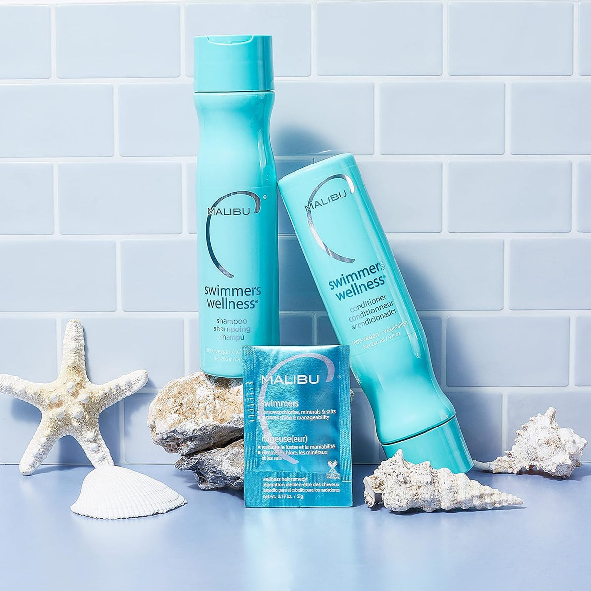 Malibu C used poolside in lifestyle scene for easy post-swim care