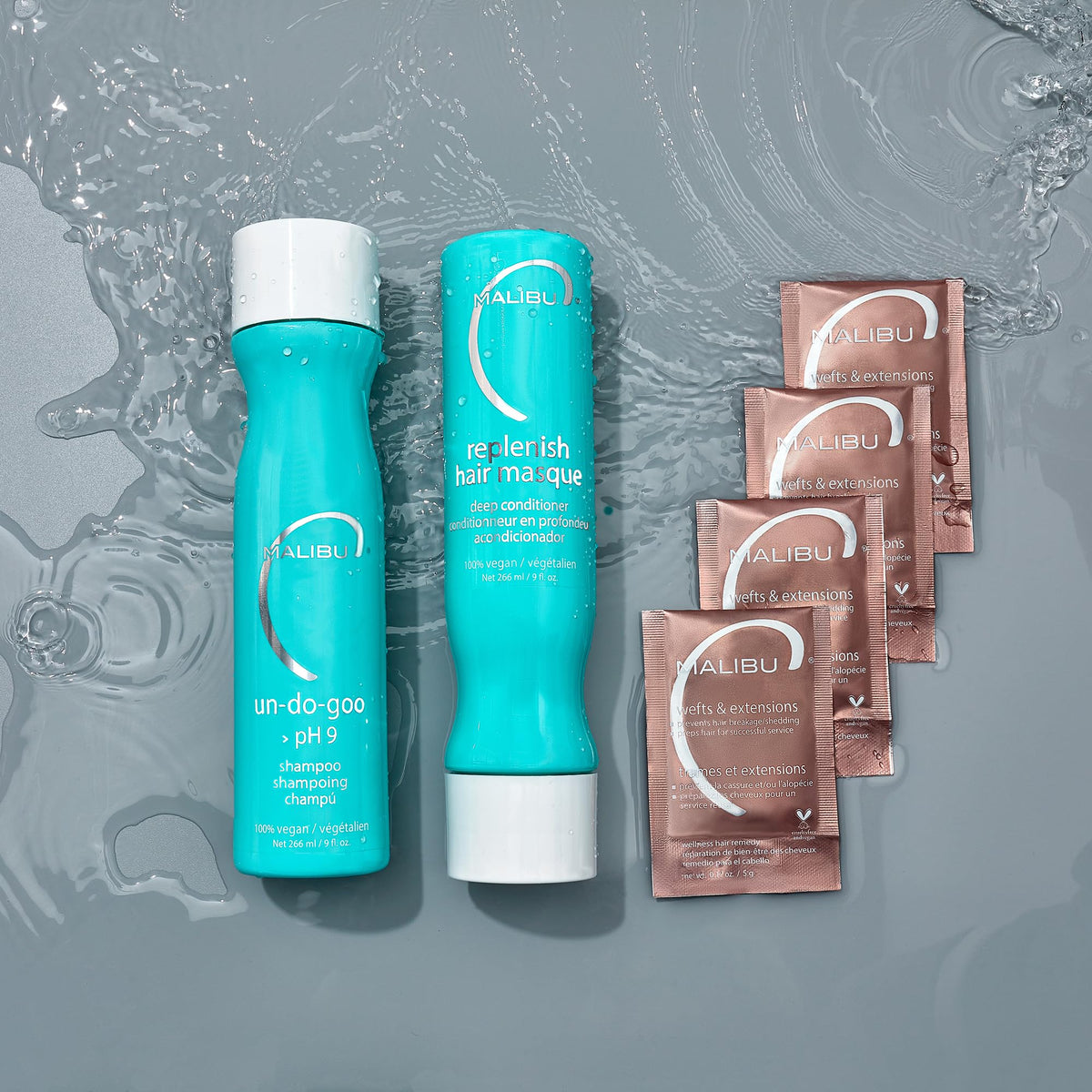 Malibu C label close-up emphasizing vegan, sulfate-free and color-lock benefits