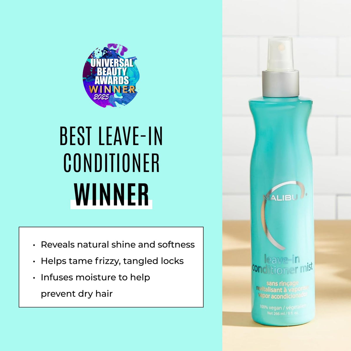 Malibu C mist close-up highlighting fine spray texture for even coverage and easy detangling