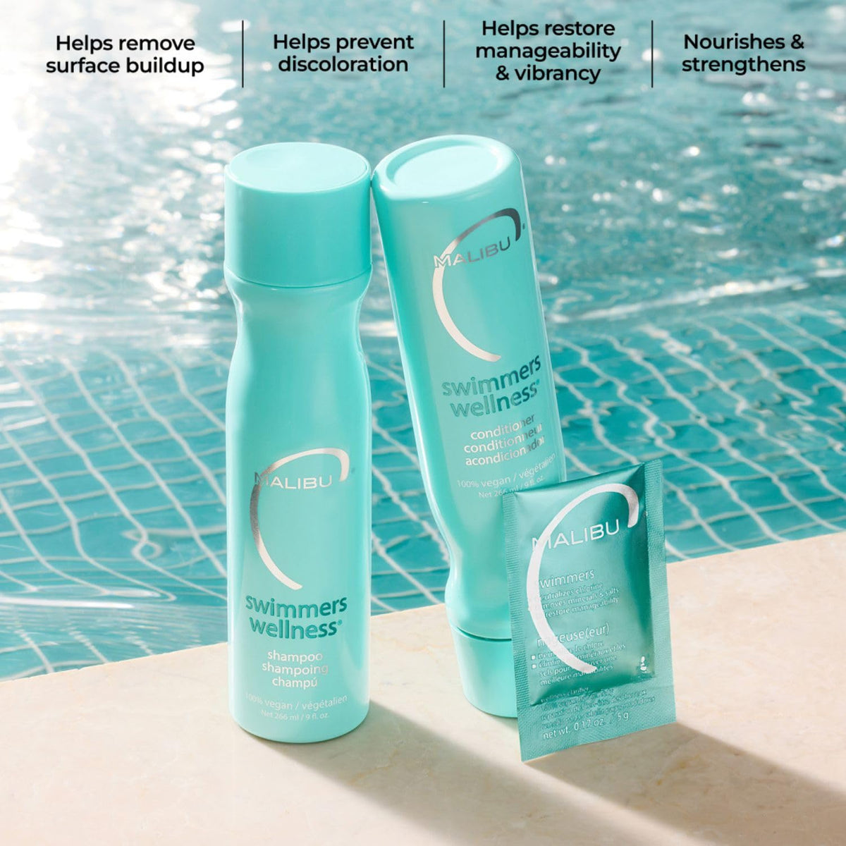 Malibu C shampoo pump close-up highlighting easy-dispense design for quick post-swim use