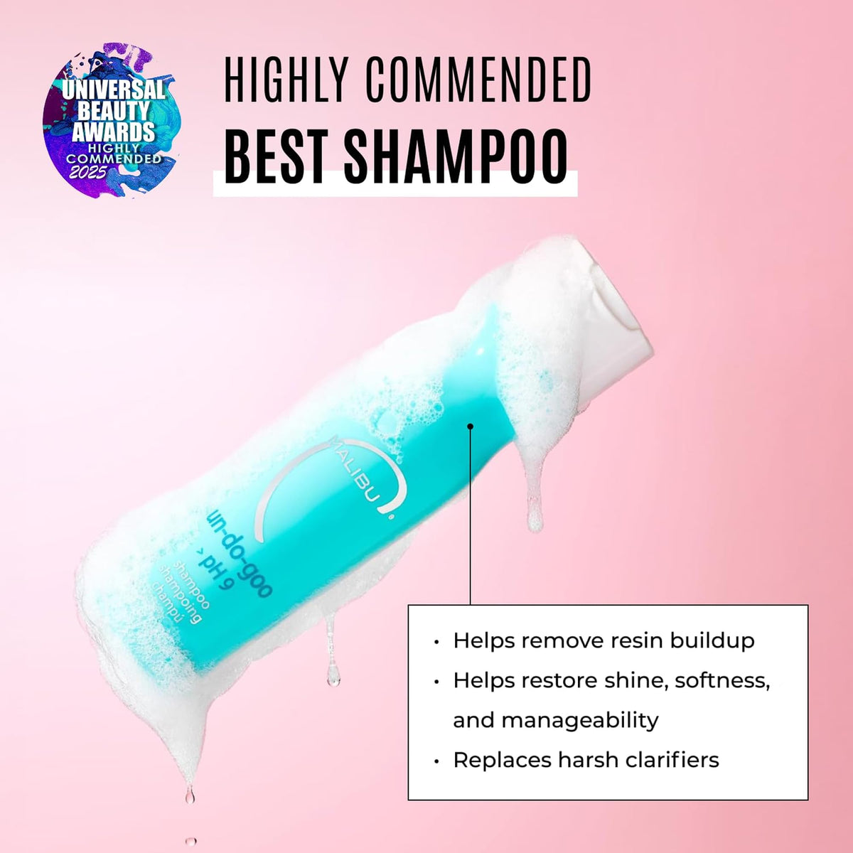 Malibu C shampoo texture pouring from bottle, shows lightweight formula for thorough cleanse