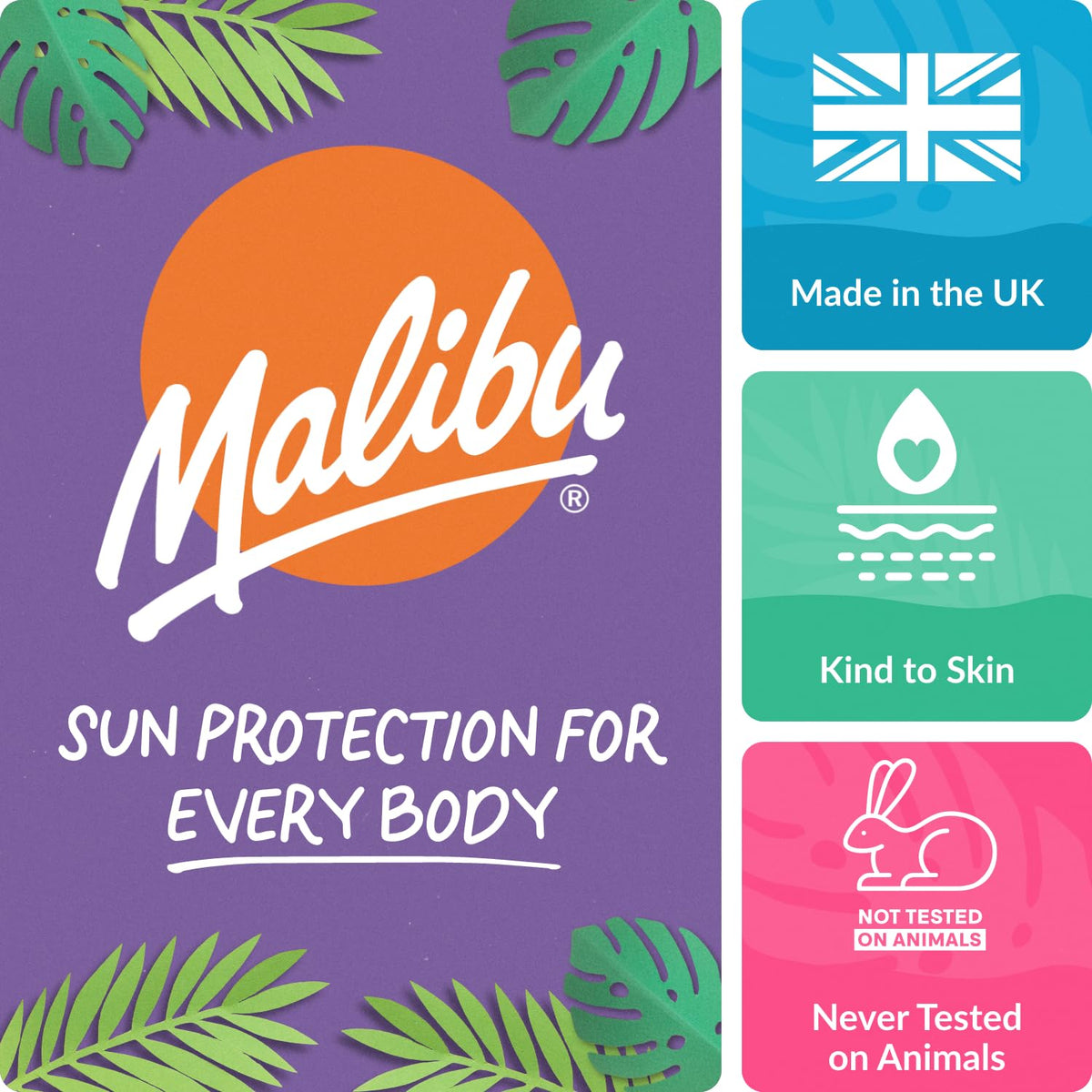 Malibu Sun tube on a beach towel lifestyle scene, evokes tropical scent and outdoor use
