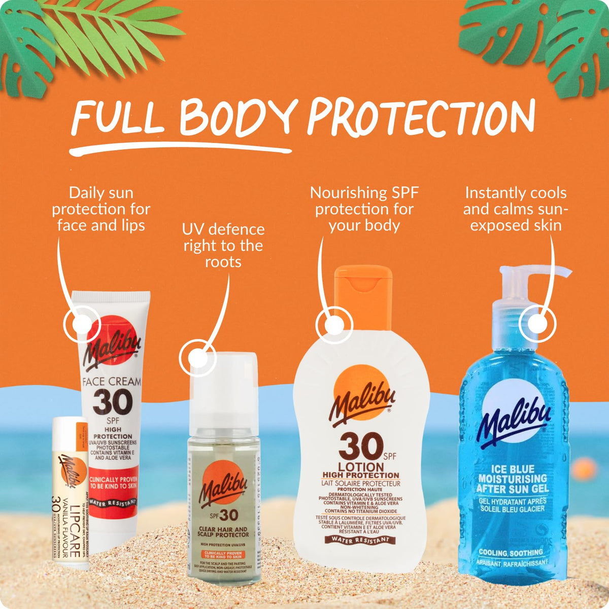 Malibu Sun label closeup revealing carrot, beta-carotene and vitamin E ingredients benefit