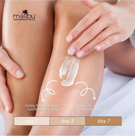 Malibu Tan applied with a mitt demonstrating streak-free, even application