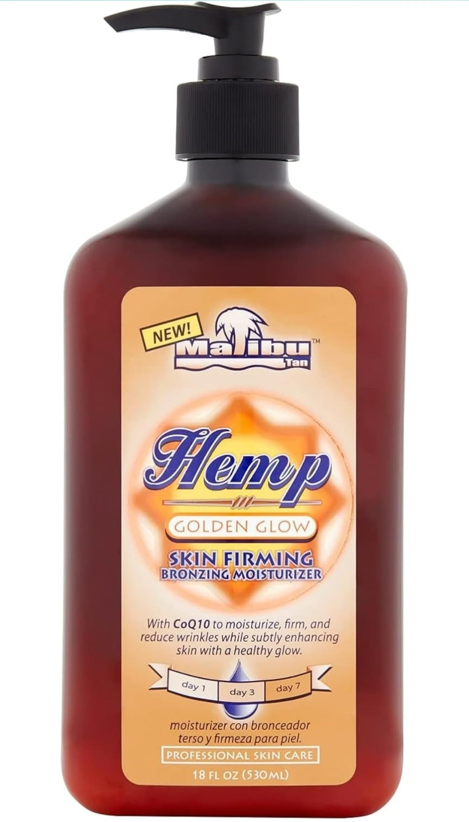Malibu Tan bottle front view showing label and medium-deep shade benefits