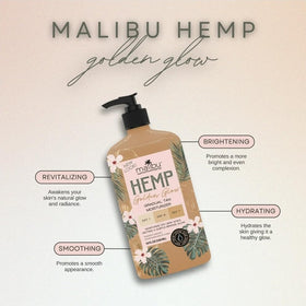 Malibu Tan label and ingredient panel highlighting hemp-enriched formula