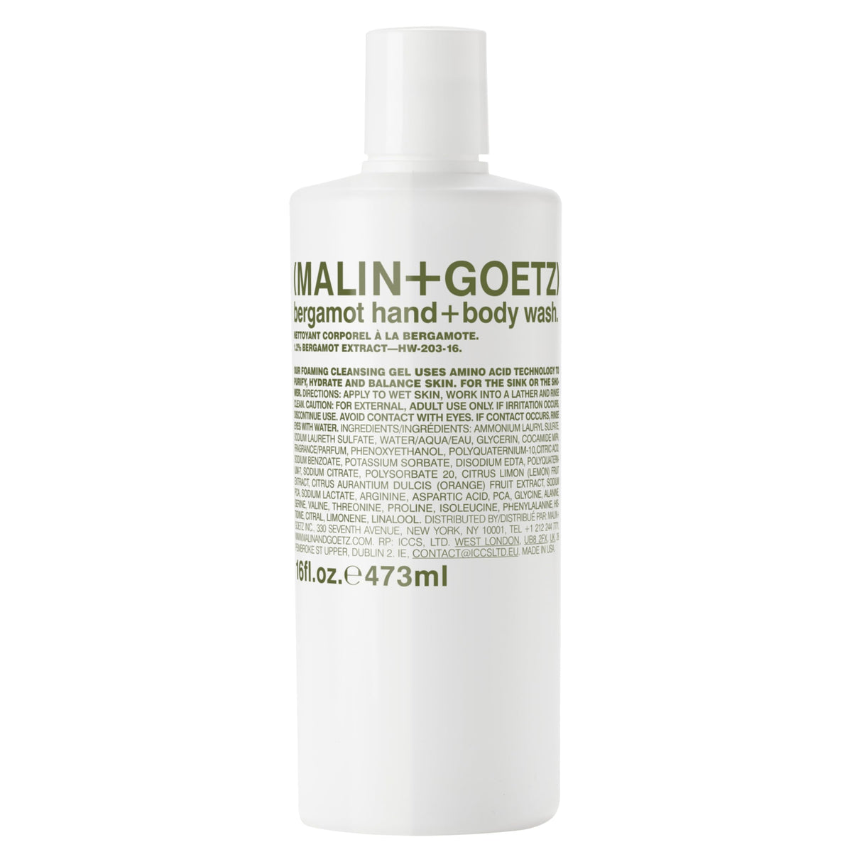 MALIN+GOETZ front bottle showing bergamot hand and body wash, elegant minimalist benefit