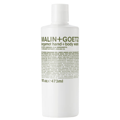 MALIN+GOETZ front bottle showing bergamot hand and body wash, elegant minimalist benefit